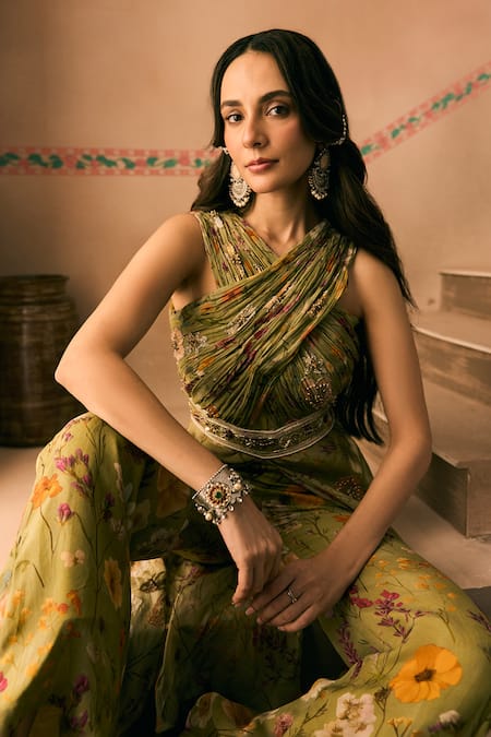 Buy_1999ad By Amita & Deepak_Green Organza Beads, Embroidery One Shoulder Printed Kurta And Flared Pant Set _Online_at_Aza_Fashions