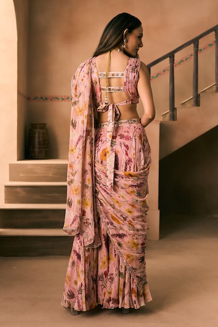 1999ad By Amita & Deepak Floral Print Pre-Draped Skirt Saree With Blouse 