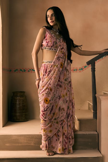 Buy_1999ad By Amita & Deepak_Pink Georgette Beads, Embroidery Floral Print Pre-draped Skirt Saree With Blouse _Online_at_Aza_Fashions