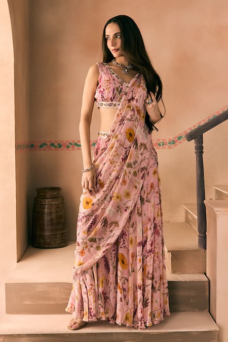 Shop_1999ad By Amita & Deepak_Pink Georgette Beads, Embroidery Floral Print Pre-draped Skirt Saree With Blouse _Online_at_Aza_Fashions