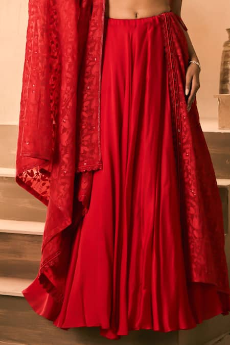 1999ad By Amita & Deepak_Red Organza Embroidery, Beads Sweetheart Neck Lehenga Set _Online_at_Aza_Fashions