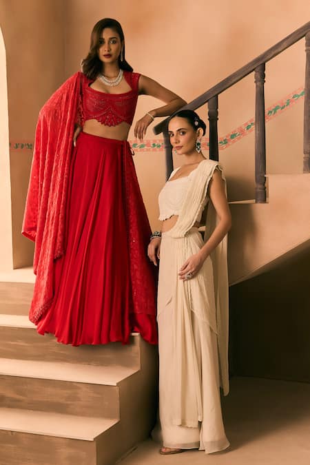 1999ad By Amita & Deepak_Red Organza Embroidery, Beads Sweetheart Neck Lehenga Set _at_Aza_Fashions