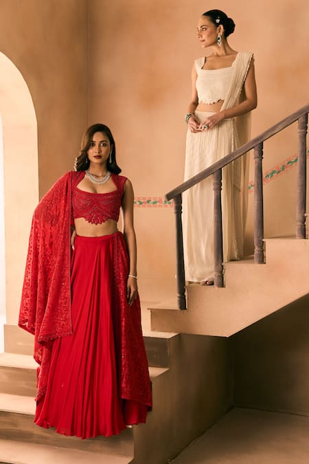 Buy_1999ad By Amita & Deepak_Red Organza Embroidery, Beads Sweetheart Neck Lehenga Set 