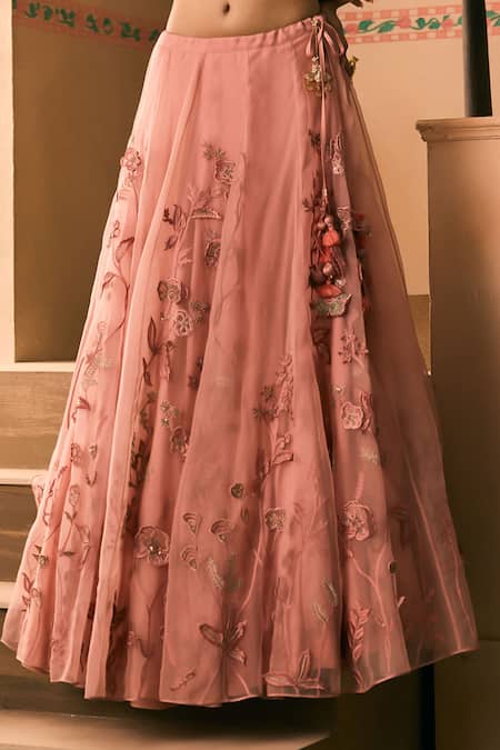 1999ad By Amita & Deepak_Pink Organza Embroidery, Beads Sweetheart Neck Thread Lehenga And Blouse Set _at_Aza_Fashions