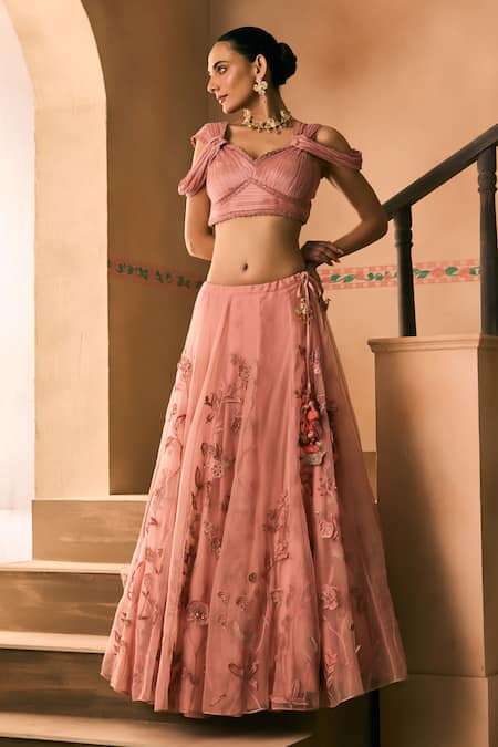 Buy_1999ad By Amita & Deepak_Pink Organza Embroidery, Beads Sweetheart Neck Thread Lehenga And Blouse Set 