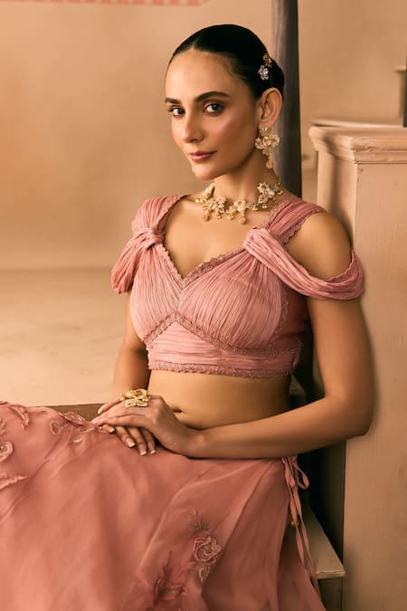 Shop_1999ad By Amita & Deepak_Pink Organza Embroidery, Beads Sweetheart Neck Thread Lehenga And Blouse Set 