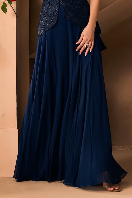 1999ad By Amita & Deepak Blue Chanderi Embroidery V-neck Jacket And Sharara Set Online at Aza Fashions 1999ad By Amita & Deepak_Blue Chanderi Embroidery V-neck Jacket And Sharara Set _Online_at_Aza_Fashions