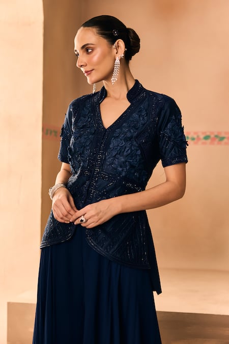 1999ad By Amita & Deepak Blue Chanderi Embroidery V-neck Jacket And Sharara Set at Aza Fashions 1999ad By Amita & Deepak_Blue Chanderi Embroidery V-neck Jacket And Sharara Set _at_Aza_Fashions