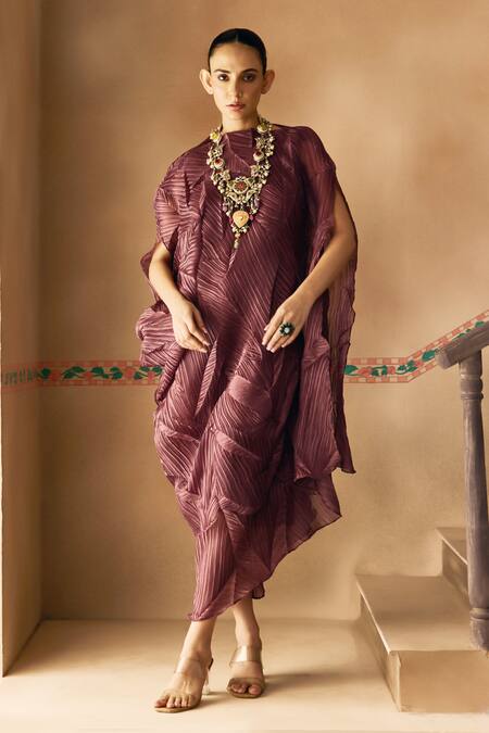 1999ad By Amita & Deepak Maroon Organza Round Neck Crush Draped Dress Online at Aza Fashions 1999ad By Amita & Deepak_Maroon Organza Round Neck Crush Draped Dress _Online_at_Aza_Fashions