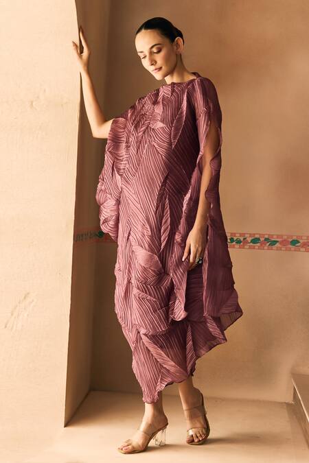 Shop 1999ad By Amita & Deepak Maroon Organza Round Neck Crush Draped Dress Online at Aza Fashions Shop_1999ad By Amita & Deepak_Maroon Organza Round Neck Crush Draped Dress _Online_at_Aza_Fashions