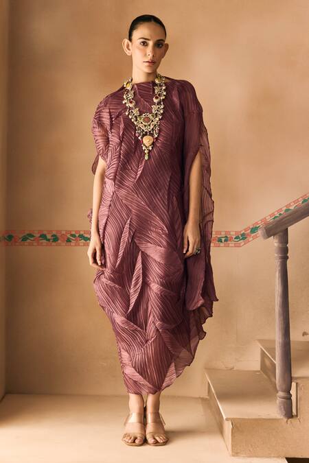 1999ad By Amita & Deepak Maroon Organza Round Neck Crush Draped Dress at Aza Fashions 1999ad By Amita & Deepak_Maroon Organza Round Neck Crush Draped Dress _at_Aza_Fashions