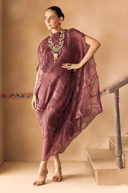 Shop 1999ad By Amita & Deepak Maroon Organza Round Neck Crush Draped Dress Shop_1999ad By Amita & Deepak_Maroon Organza Round Neck Crush Draped Dress