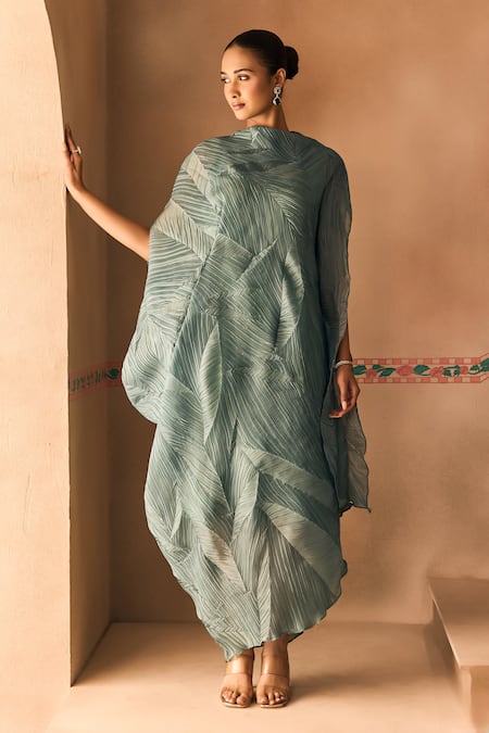 1999ad By Amita & Deepak_Green Organza Round Neck Draped Dress _at_Aza_Fashions