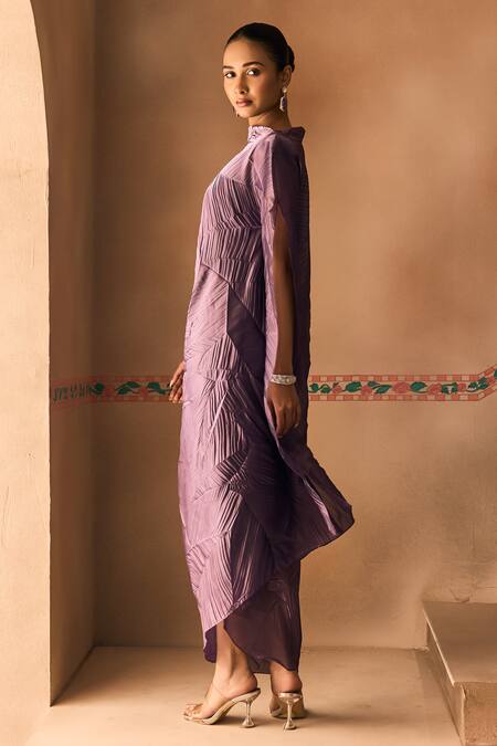1999ad By Amita & Deepak_Purple Organza Round Neck Crush Draped Dress _Online_at_Aza_Fashions