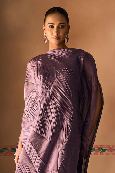 Buy_1999ad By Amita & Deepak_Purple Organza Round Neck Crush Draped Dress _Online_at_Aza_Fashions