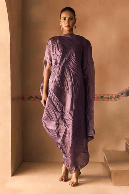 Shop_1999ad By Amita & Deepak_Purple Organza Round Neck Crush Draped Dress _Online_at_Aza_Fashions