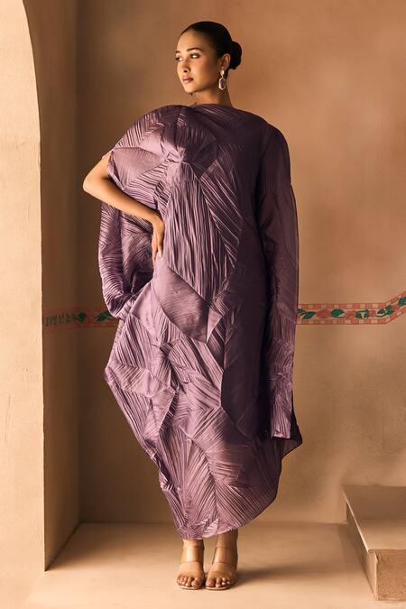 1999ad By Amita & Deepak_Purple Organza Round Neck Crush Draped Dress _at_Aza_Fashions