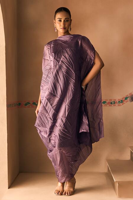 Buy_1999ad By Amita & Deepak_Purple Organza Round Neck Crush Draped Dress 