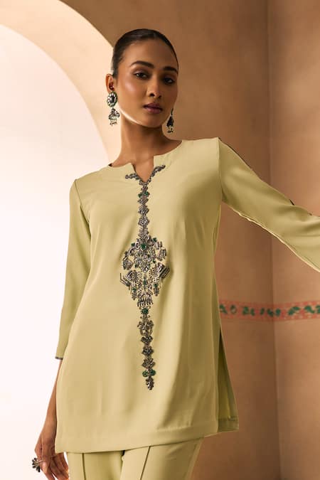 1999ad By Amita & Deepak Mint Crepe Embroidery, Stones, Beads Split V-neck Cutdana Top And Pant Set Online at Aza Fashions 1999ad By Amita & Deepak_Mint Crepe Embroidery, Stones, Beads Split V-neck Cutdana Top And Pant Set _Online_at_Aza_Fashions