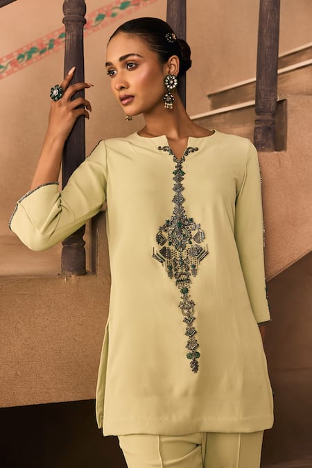 Shop 1999ad By Amita & Deepak Mint Crepe Embroidery, Stones, Beads Split V-neck Cutdana Top And Pant Set Online at Aza Fashions Shop_1999ad By Amita & Deepak_Mint Crepe Embroidery, Stones, Beads Split V-neck Cutdana Top And Pant Set _Online_at_Aza_Fashions