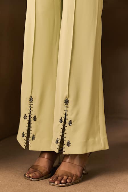 1999ad By Amita & Deepak Mint Crepe Embroidery, Stones, Beads Split V-neck Cutdana Top And Pant Set at Aza Fashions 1999ad By Amita & Deepak_Mint Crepe Embroidery, Stones, Beads Split V-neck Cutdana Top And Pant Set _at_Aza_Fashions