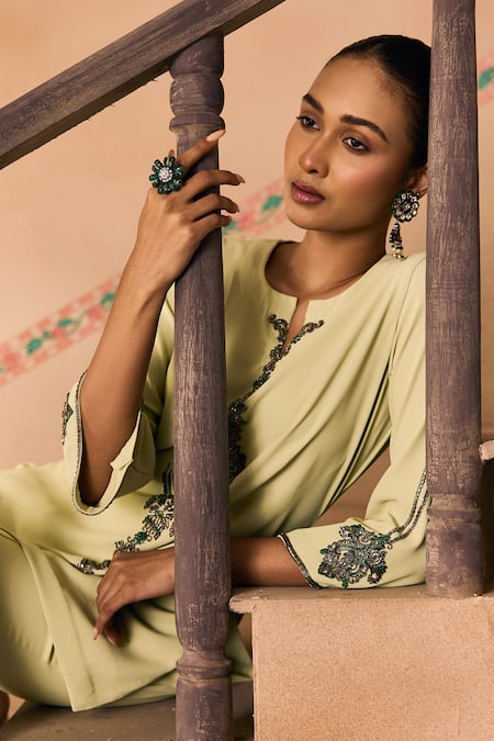 Buy 1999ad By Amita & Deepak Mint Crepe Embroidery, Stones, Beads Split V-neck Cutdana Top And Pant Set Buy_1999ad By Amita & Deepak_Mint Crepe Embroidery, Stones, Beads Split V-neck Cutdana Top And Pant Set