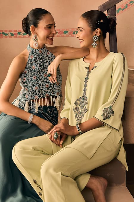 Shop 1999ad By Amita & Deepak Mint Crepe Embroidery, Stones, Beads Split V-neck Cutdana Top And Pant Set Shop_1999ad By Amita & Deepak_Mint Crepe Embroidery, Stones, Beads Split V-neck Cutdana Top And Pant Set