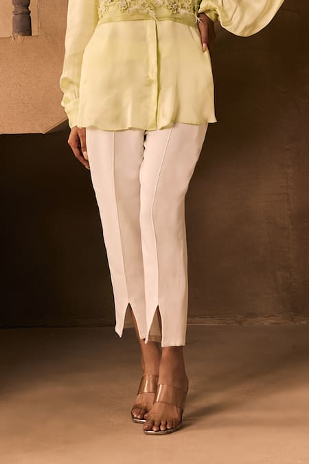 1999ad By Amita & Deepak_Green Organza Embroidery, Fabric Flowers Collared 3d Shirt And Pant Set _Online_at_Aza_Fashions