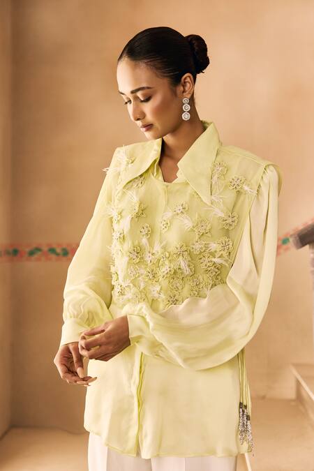 Shop_1999ad By Amita & Deepak_Green Organza Embroidery, Fabric Flowers Collared 3d Shirt And Pant Set _Online_at_Aza_Fashions