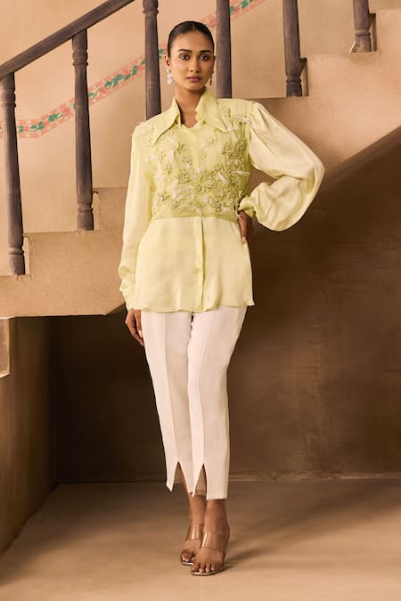 1999ad By Amita & Deepak Organza 3D Flower Embroidered Shirt & Pant Set 