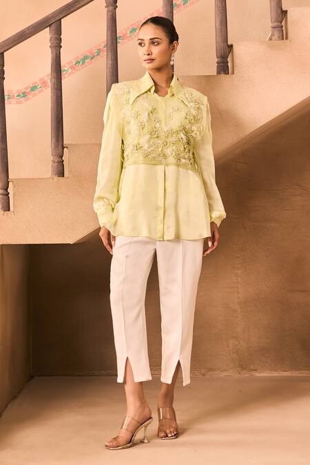 Buy_1999ad By Amita & Deepak_Green Organza Embroidery, Fabric Flowers Collared 3d Shirt And Pant Set 