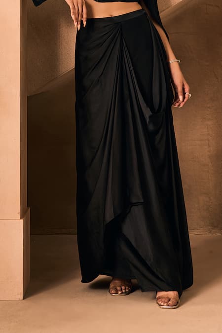 1999ad By Amita & Deepak_Black Satin Embroidery, Beads Square Neck Thread Top And Draped Skirt Set _Online_at_Aza_Fashions