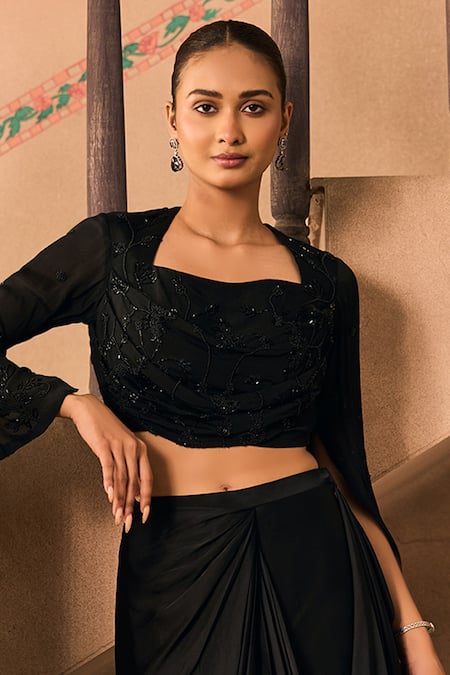 Buy_1999ad By Amita & Deepak_Black Satin Embroidery, Beads Square Neck Thread Top And Draped Skirt Set _Online_at_Aza_Fashions