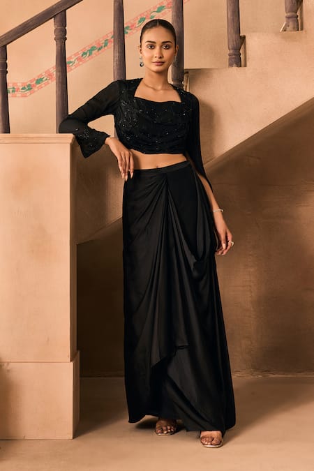 Buy_1999ad By Amita & Deepak_Black Satin Embroidery, Beads Square Neck Thread Top And Draped Skirt Set 