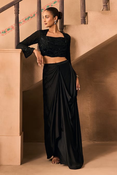 Shop_1999ad By Amita & Deepak_Black Satin Embroidery, Beads Square Neck Thread Top And Draped Skirt Set 