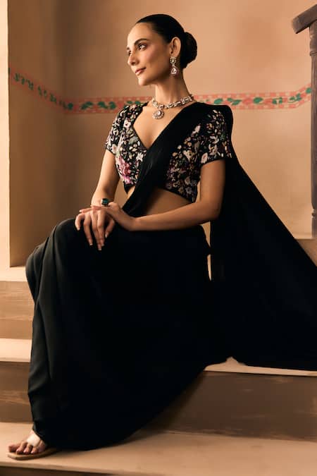 1999ad By Amita & Deepak_Black Satin Embroidery, Beads, Sequins V-neck Blouse With Pre-draped Saree _Online_at_Aza_Fashions