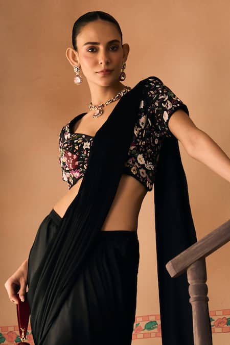 Buy_1999ad By Amita & Deepak_Black Satin Embroidery, Beads, Sequins V-neck Blouse With Pre-draped Saree _Online_at_Aza_Fashions