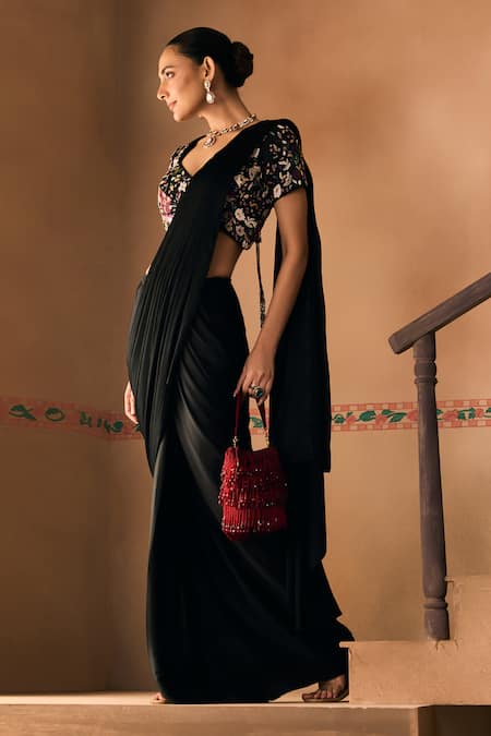 1999ad By Amita & Deepak_Black Satin Embroidery, Beads, Sequins V-neck Blouse With Pre-draped Saree _at_Aza_Fashions
