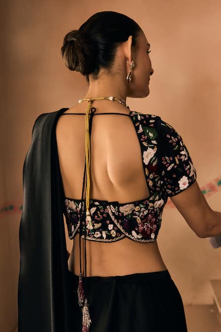 Shop_1999ad By Amita & Deepak_Black Satin Embroidery, Beads, Sequins V-neck Blouse With Pre-draped Saree 