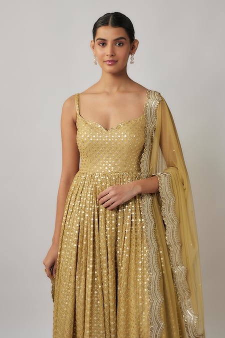 Buy_Renee label_Gold Viscose Georgette, Lycra, Net Sequins, Embroidery, Tamara Anarkali Set _Online_at_Aza_Fashions