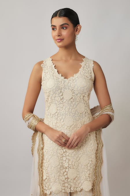 Renee label_Ivory Net, Viscose Georgette Embroidery, Miraya Thread Kurta Sharara Set _Online_at_Aza_Fashions