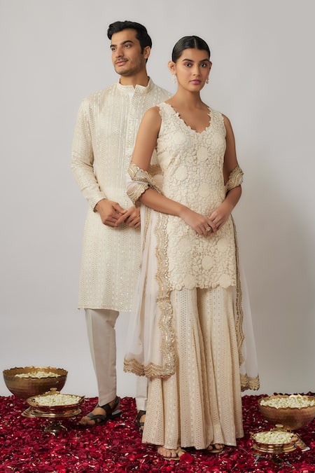 Buy_Renee label_Ivory Net, Viscose Georgette Embroidery, Miraya Thread Kurta Sharara Set _Online_at_Aza_Fashions