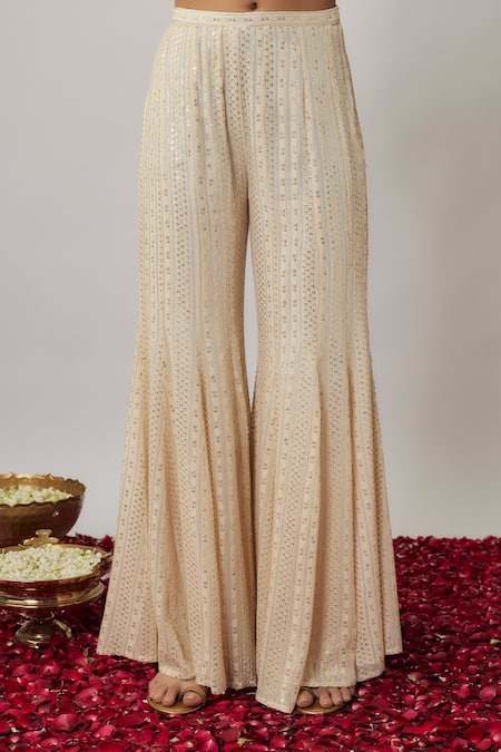 Shop_Renee label_Ivory Net, Viscose Georgette Embroidery, Miraya Thread Kurta Sharara Set _Online_at_Aza_Fashions