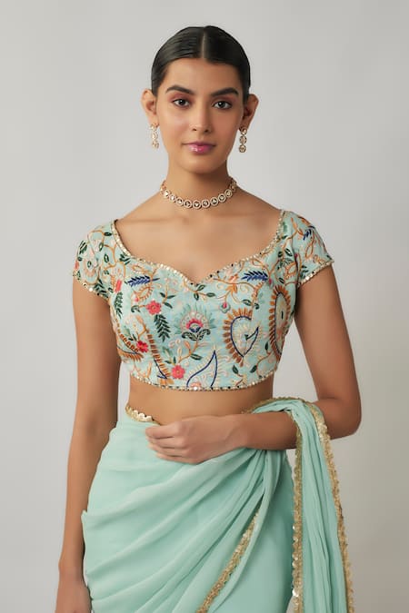 Renee label_Mint Viscose Georgette, Silk Sequins, Amaira Lehenga Saree With Blouse _Online_at_Aza_Fashions