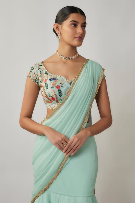 Buy_Renee label_Mint Viscose Georgette, Silk Sequins, Amaira Lehenga Saree With Blouse _Online_at_Aza_Fashions