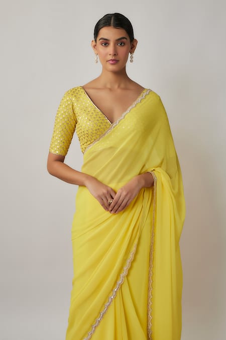 Renee label Yellow Viscose Georgette, Crepe Sequins Mehreen Embroidered Saree With Blouse Online at Aza Fashions Renee label_Yellow Viscose Georgette, Crepe Sequins Mehreen Embroidered Saree With Blouse _Online_at_Aza_Fashions