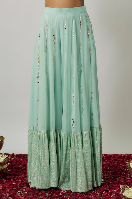 Renee label_Mint Viscose Georgette Mirrors, Sequins, Metallic Kusha Kaftan Sharara Set _Online_at_Aza_Fashions