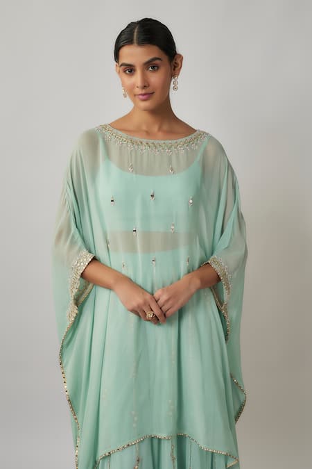 Buy_Renee label_Mint Viscose Georgette Mirrors, Sequins, Metallic Kusha Kaftan Sharara Set _Online_at_Aza_Fashions