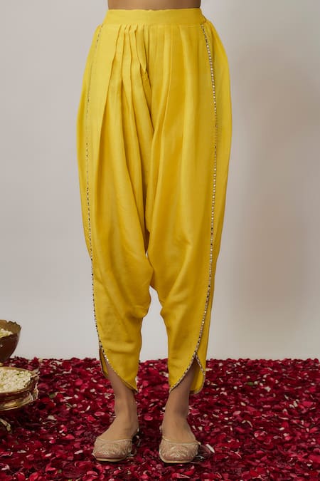 Buy_Renee label_Yellow Viscose Georgette, Dupion Mirrors, Zari, Noorah Kurta Dhoti Pant Set _Online_at_Aza_Fashions