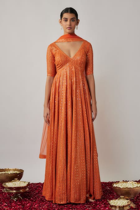 Renee label_Orange Viscose Georgette, Net Sequins, Zareena Thread Anarkali With Dupatta _Online_at_Aza_Fashions